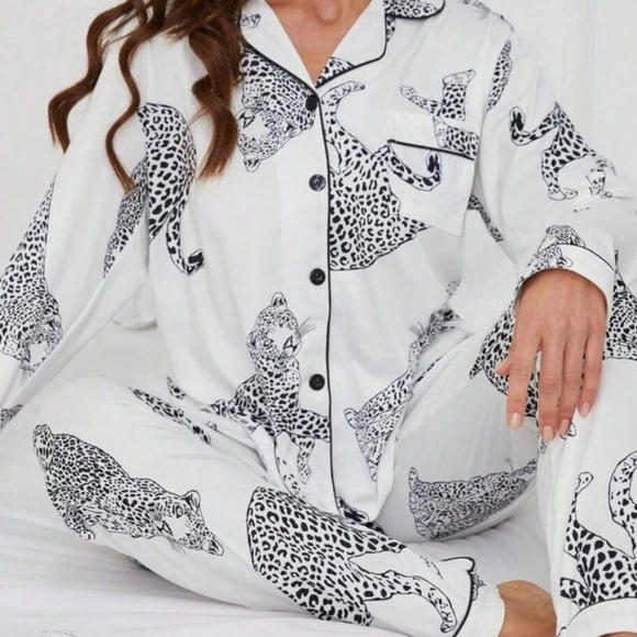 Other - Casual Animal Leopard Print Collared Long Sleeve Top And Loose Pants Comfortable
